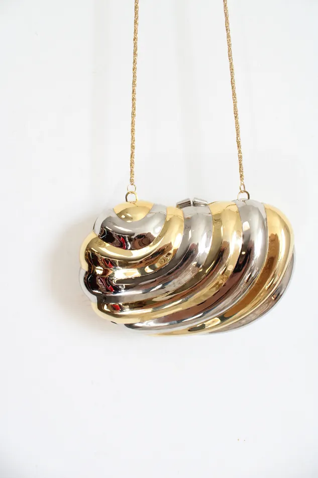 Jubilee Thrift Earrings Vintage Gold Silver Hardshell Metal Clam Gold Chain Bag