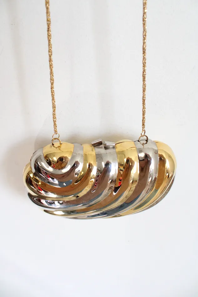 Jubilee Thrift Earrings Vintage Gold Silver Hardshell Metal Clam Gold Chain Bag