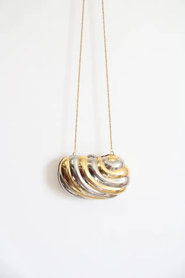 Jubilee Thrift Earrings Vintage Gold Silver Hardshell Metal Clam Gold Chain Bag