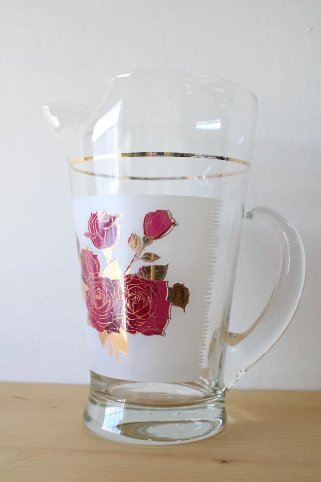 Jubilee Thrift Earrings Vintage Rose Etched Gold Glass Pitcher