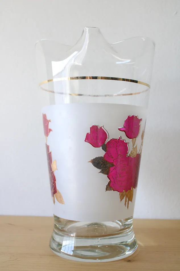 Jubilee Thrift Earrings Vintage Rose Etched Gold Glass Pitcher