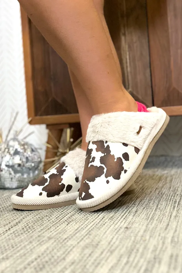Judson Earrings Cow Print Faux Fur Slippers