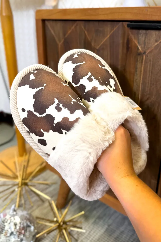 Judson Earrings Cow Print Faux Fur Slippers Judson Earrings Cow Print Faux Fur Slippers
