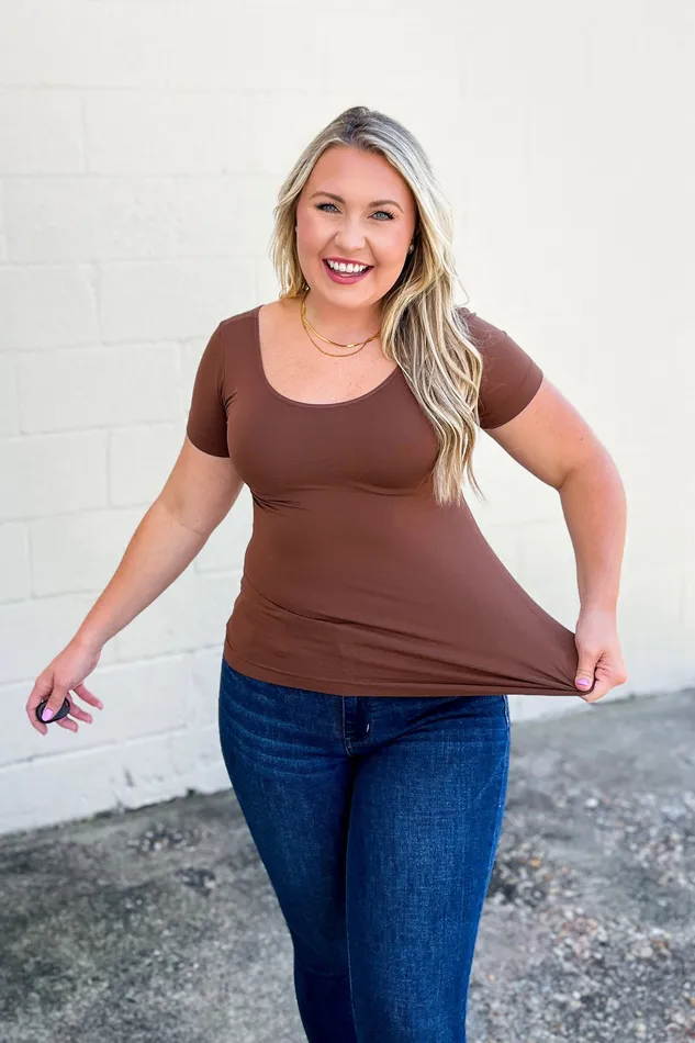 Judson Earrings Seamless Reversible VNeck Short Sleeve Top Coffee