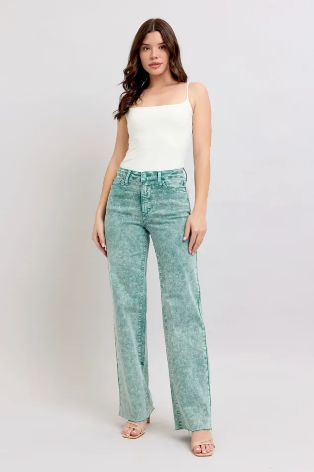 JUDY BLUE JUDY BLUE HIGH WAIST GARMENT DYED RAW HEM DAD JEAN SEA GREEN Rings