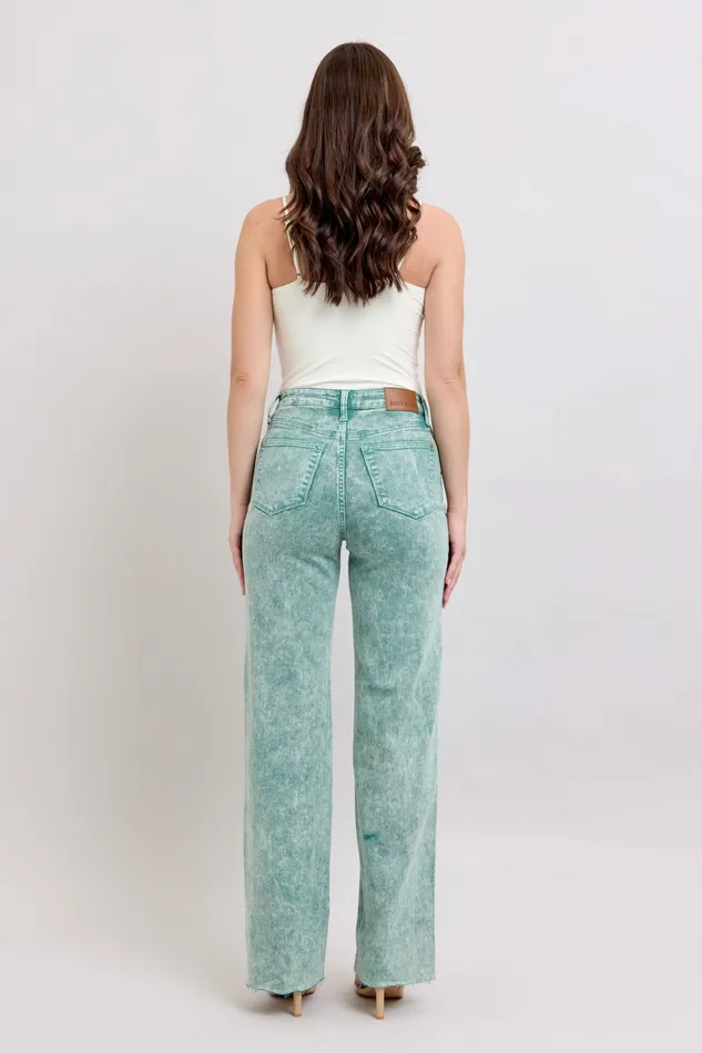 JUDY BLUE JUDY BLUE HIGH WAIST GARMENT DYED RAW HEM DAD JEAN SEA GREEN Rings