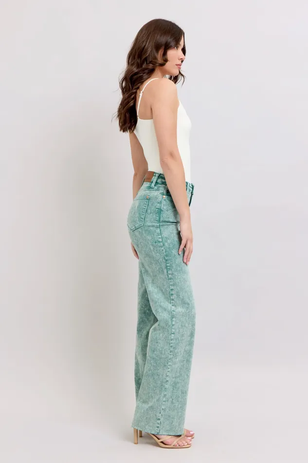JUDY BLUE JUDY BLUE HIGH WAIST GARMENT DYED RAW HEM DAD JEAN SEA GREEN Rings