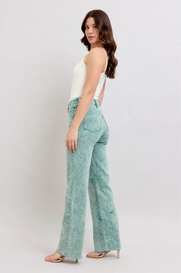 JUDY BLUE JUDY BLUE HIGH WAIST GARMENT DYED RAW HEM DAD JEAN SEA GREEN Rings
