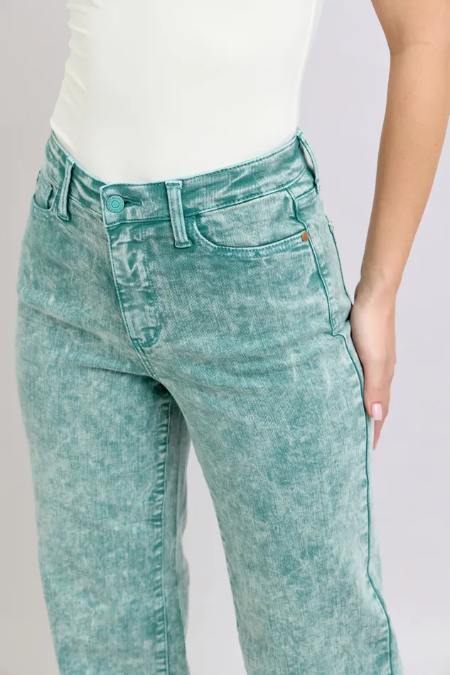 JUDY BLUE JUDY BLUE HIGH WAIST GARMENT DYED RAW HEM DAD JEAN SEA GREEN Rings