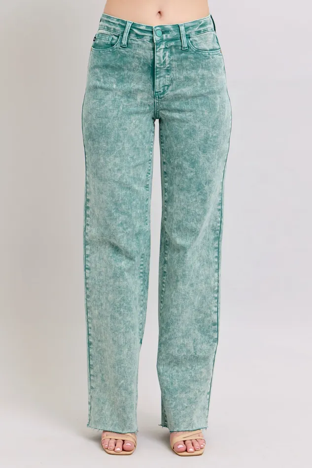 JUDY BLUE JUDY BLUE HIGH WAIST GARMENT DYED RAW HEM DAD JEAN SEA GREEN Rings