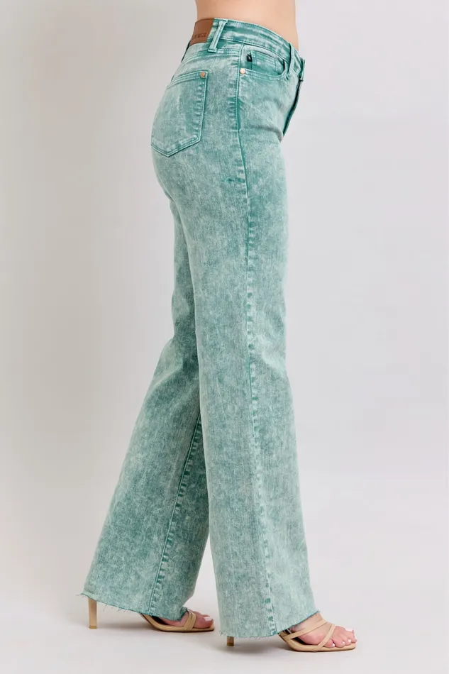 JUDY BLUE JUDY BLUE HIGH WAIST GARMENT DYED RAW HEM DAD JEAN SEA GREEN Rings