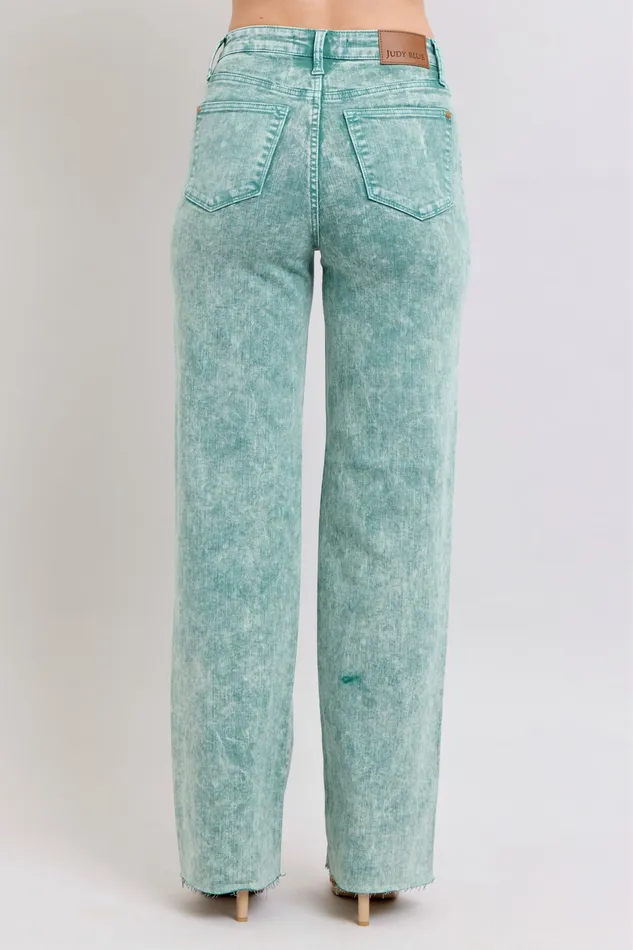 JUDY BLUE JUDY BLUE HIGH WAIST GARMENT DYED RAW HEM DAD JEAN SEA GREEN Rings