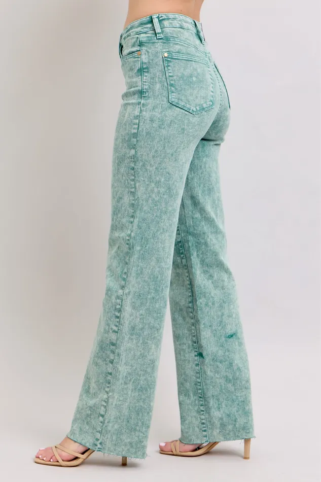 JUDY BLUE JUDY BLUE HIGH WAIST GARMENT DYED RAW HEM DAD JEAN SEA GREEN Rings