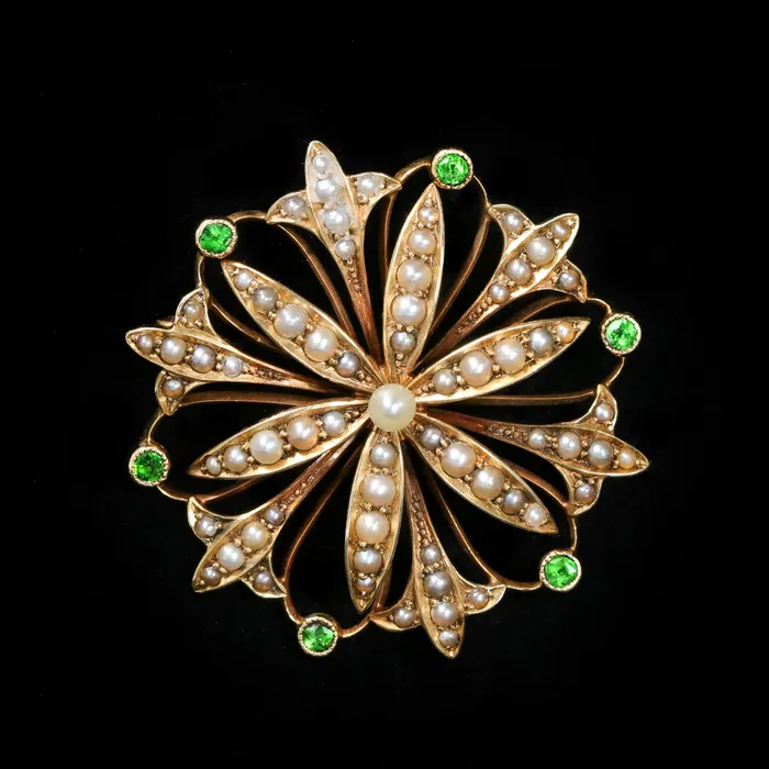 K Goldschmidt Necklaces Victorian 15K Yellow Gold Garnet and Pearl Brooch