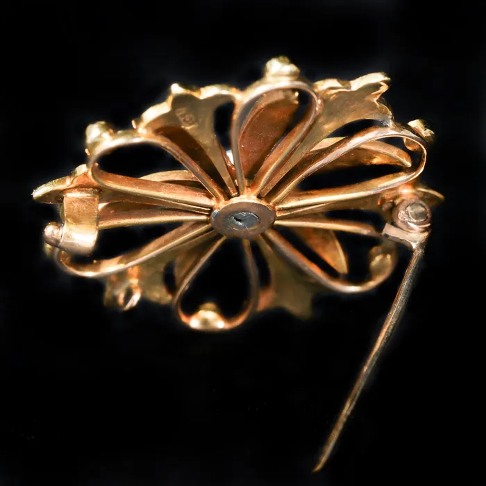 K Goldschmidt Necklaces Victorian 15K Yellow Gold Garnet and Pearl Brooch