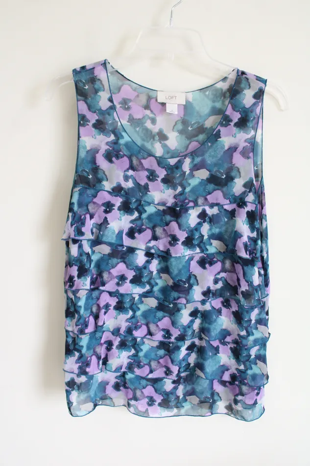 LOFT Blue Floral Ruffle Top S Ann Taylor LOFT Rings