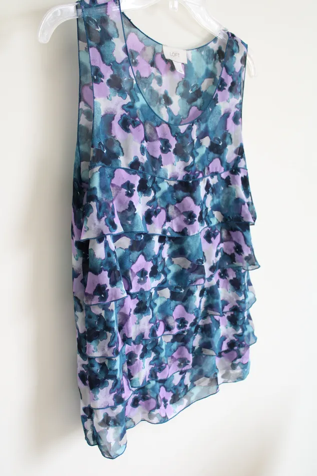 LOFT Blue Floral Ruffle Top S Ann Taylor LOFT Rings