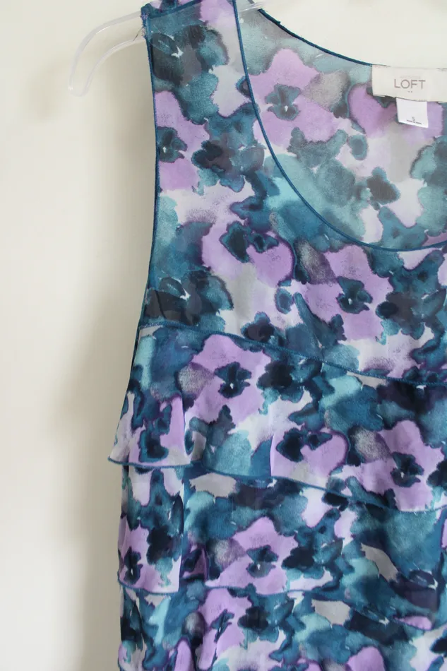 LOFT Blue Floral Ruffle Top S Ann Taylor LOFT Rings
