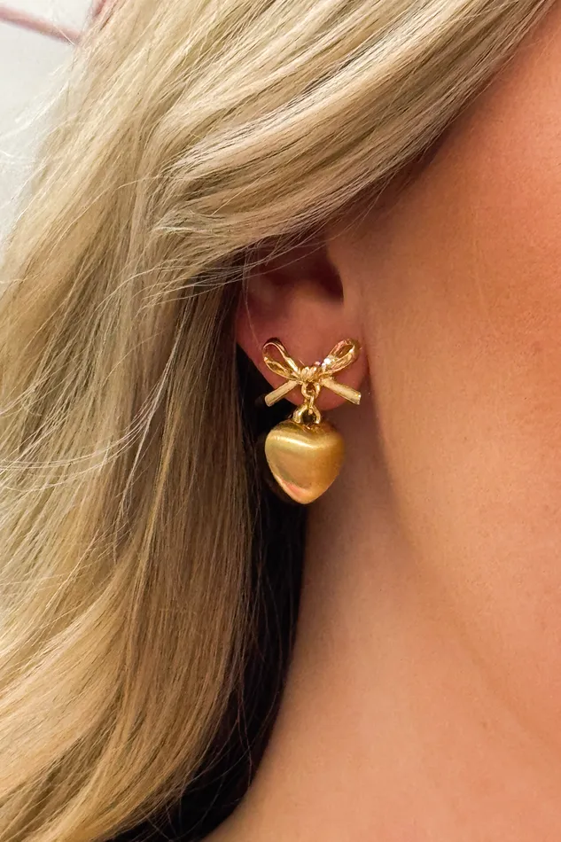 Metal Bow Heart Drop Earrings Gold Judson Earrings