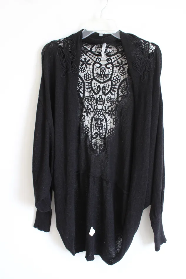 Monoreno Rings Monoreno Crocheted Back Black Cardigan L