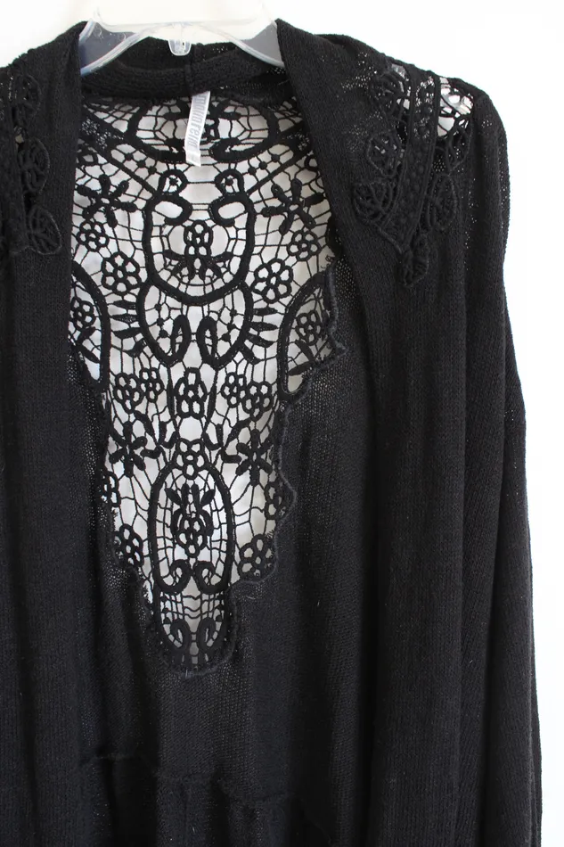 Monoreno Rings Monoreno Crocheted Back Black Cardigan L