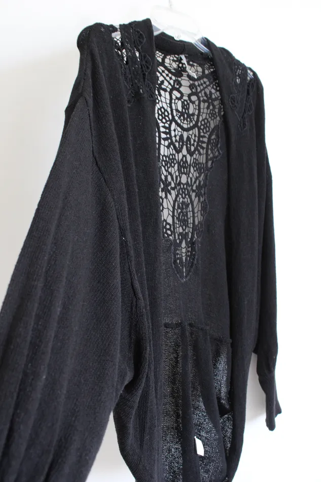 Monoreno Rings Monoreno Crocheted Back Black Cardigan L