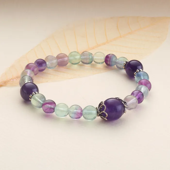Necklaces Drukomalas Rainbow Fluorite Amethyst Stretchy Mala