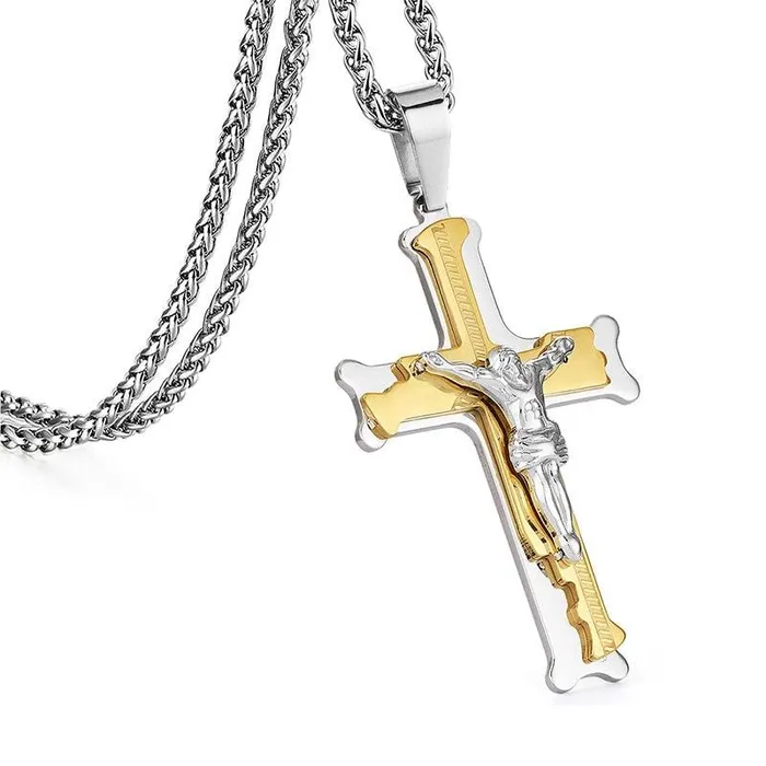 Necklaces Lords Guidance Mens Christian Necklace br Crucifix Steel Gold