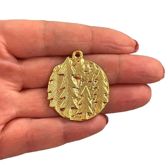 Necklaces Peppy Beads 24Kt Matte Gold Plated Pine Tree Forest Pendant