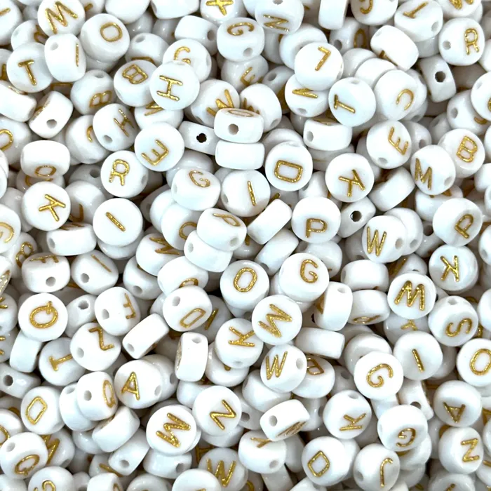 Necklaces Peppy Beads Acrylic flat round white with gold letters beads for jewellery making 500pcs pack