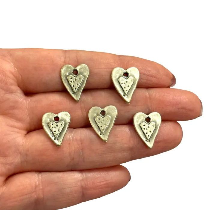 Necklaces Peppy Beads Antique Silver Plated Heart Charms 5 pcs in a pack