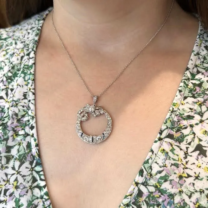 Necklaces Platinum 1911 Art Deco Diamond and Sapphire Bow Wreath Necklace