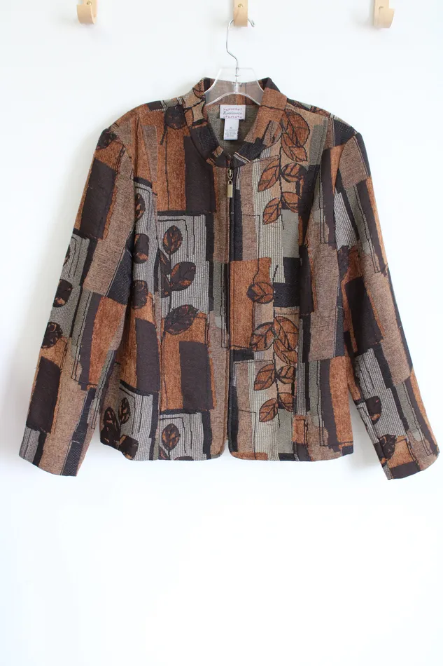 Necklaces Renaissance Renaissance Leaf Patterned Textured Brown Zip Up Jacket XL