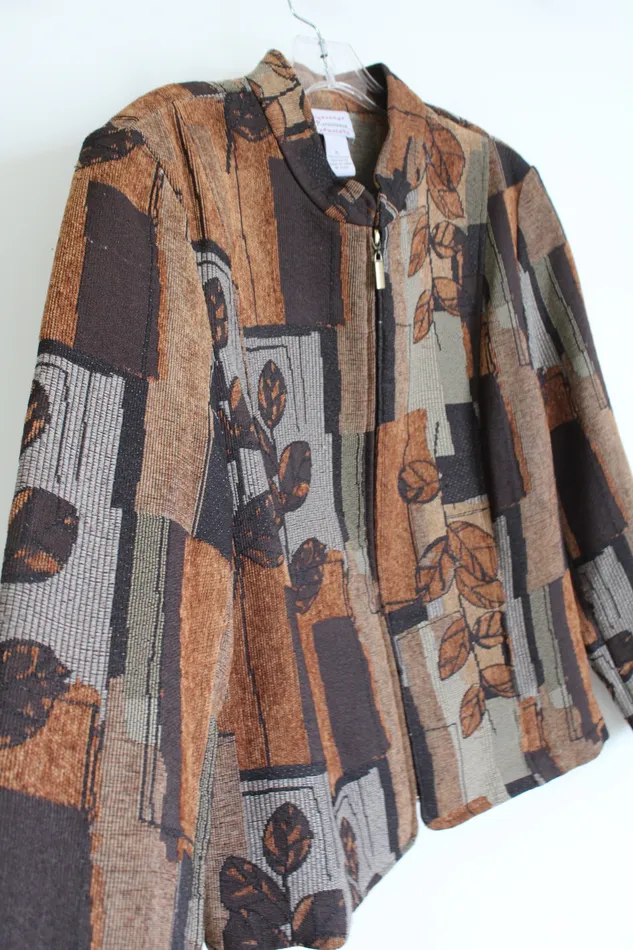 Necklaces Renaissance Renaissance Leaf Patterned Textured Brown Zip Up Jacket XL