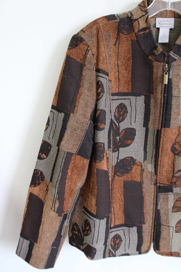 Necklaces Renaissance Renaissance Leaf Patterned Textured Brown Zip Up Jacket XL