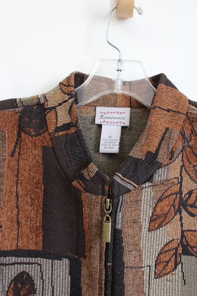 Necklaces Renaissance Renaissance Leaf Patterned Textured Brown Zip Up Jacket XL
