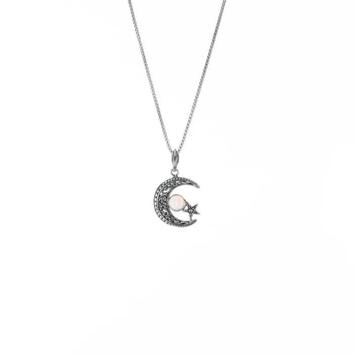 Necklaces Tiger Mountain Silver Crescent Moon and Star Pendant Necklace with Opal