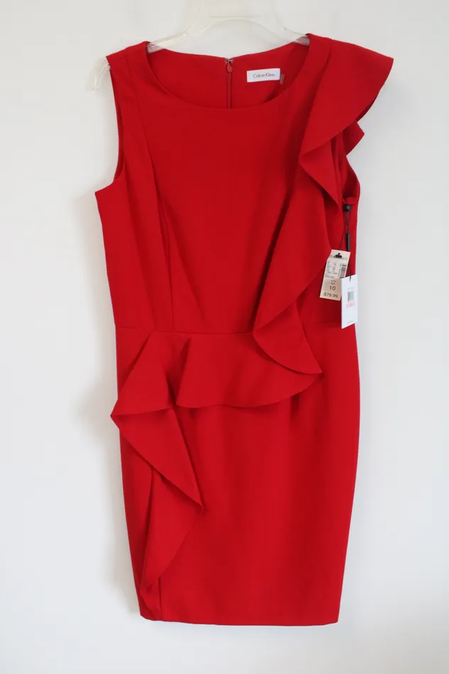 NEW Calvin Klein Red Peplum Ruffle Dress 10 Calvin Klein Earrings