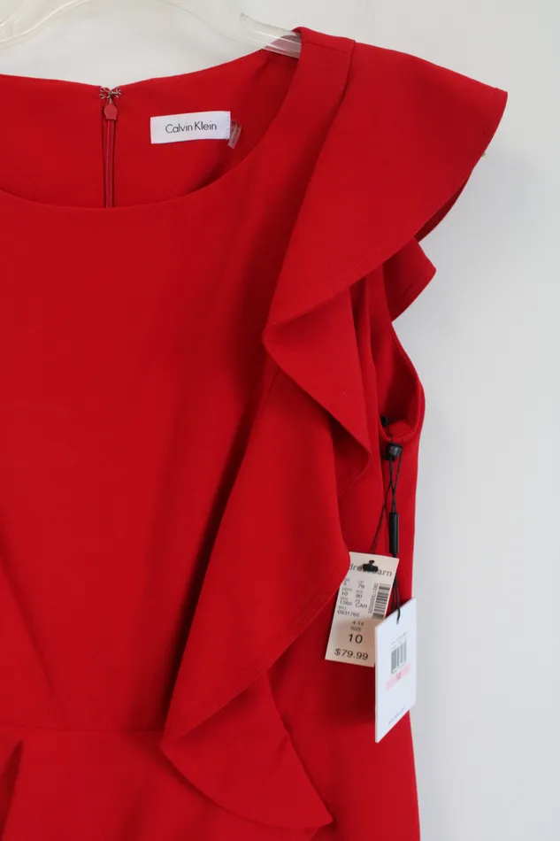 NEW Calvin Klein Red Peplum Ruffle Dress 10 Calvin Klein Earrings