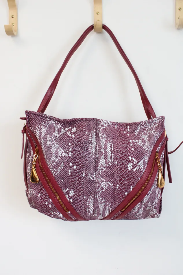 NEW Sharif Pink Snakeskin Anaconda Tears Printed Leather Tote Bag Sharif Earrings