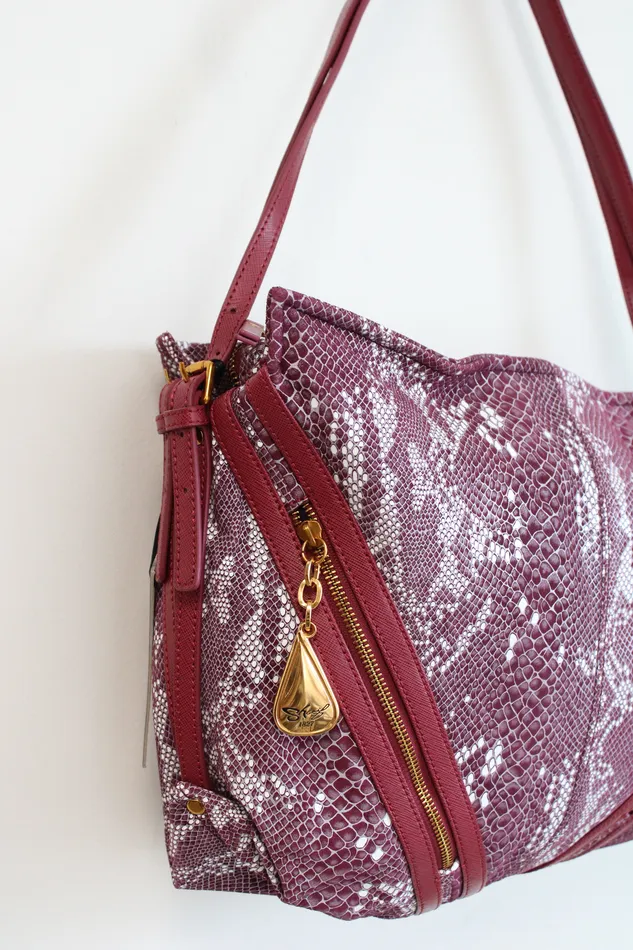 NEW Sharif Pink Snakeskin Anaconda Tears Printed Leather Tote Bag Sharif Earrings