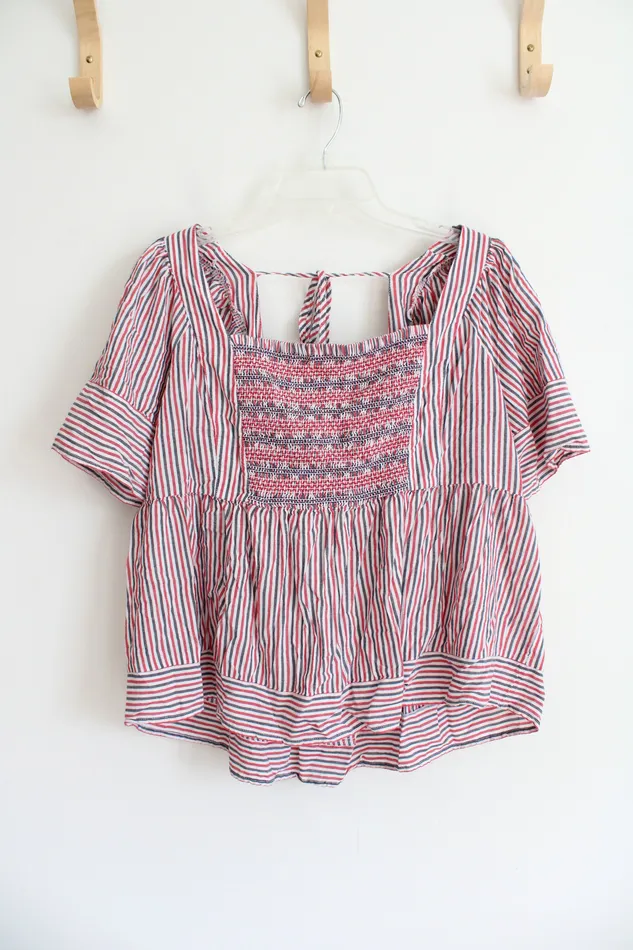 Old Navy Red Blue White Smocked Loose Flowy Top XL Old Navy Rings