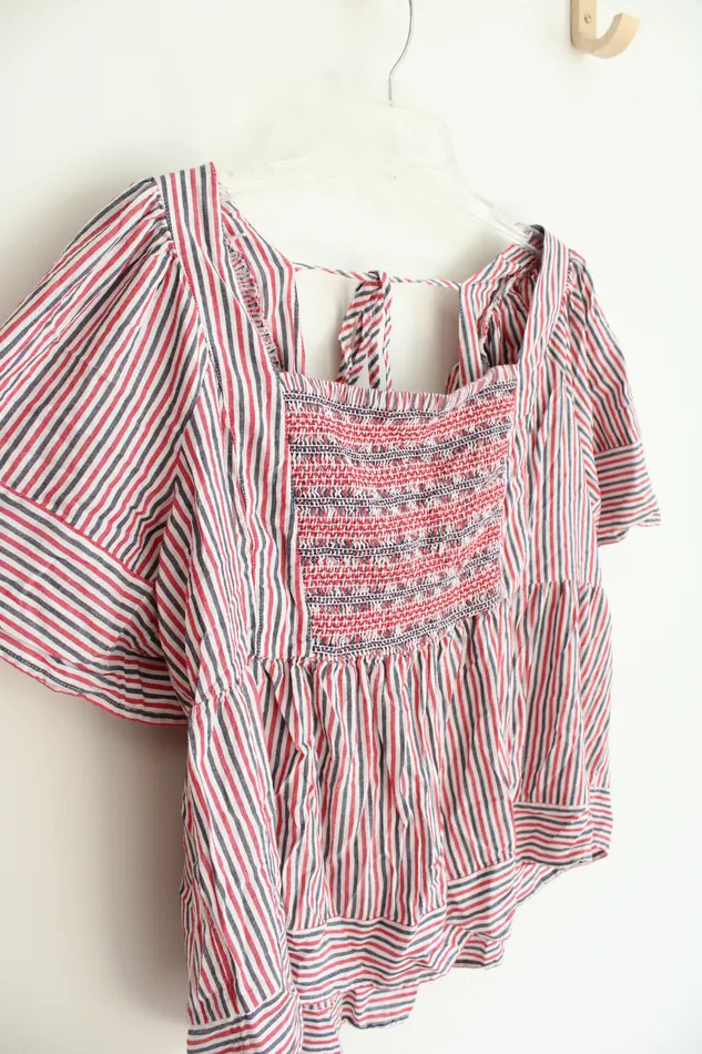 Old Navy Red Blue White Smocked Loose Flowy Top XL Old Navy Rings