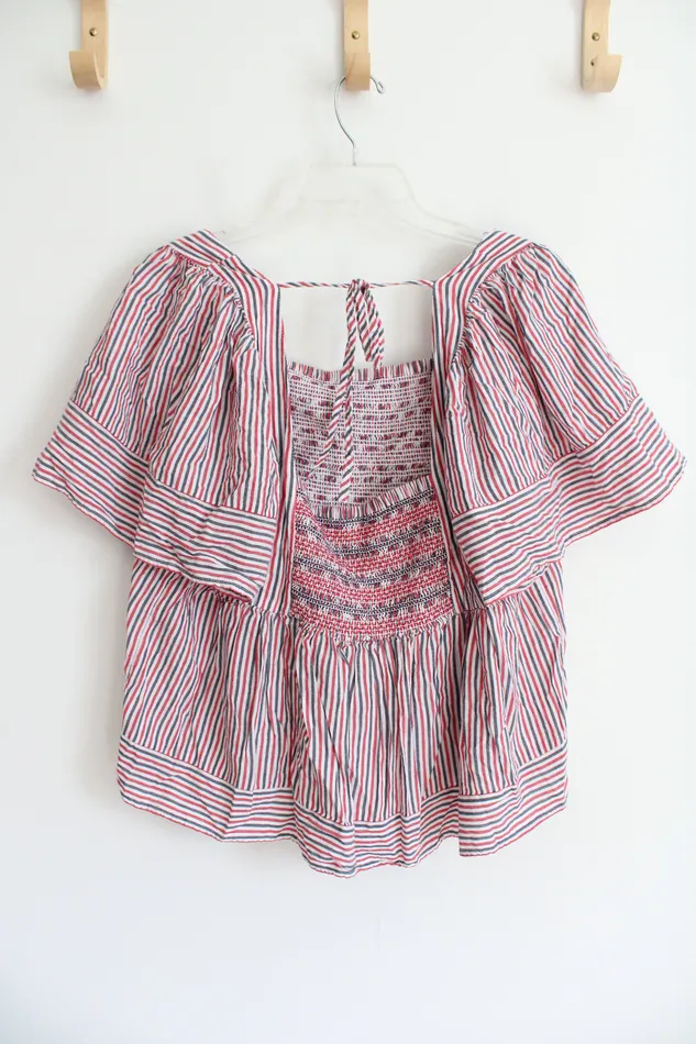 Old Navy Red Blue White Smocked Loose Flowy Top XL Old Navy Rings