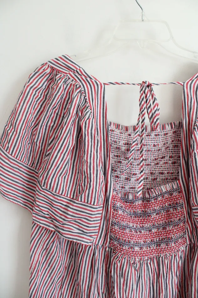 Old Navy Red Blue White Smocked Loose Flowy Top XL Old Navy Rings