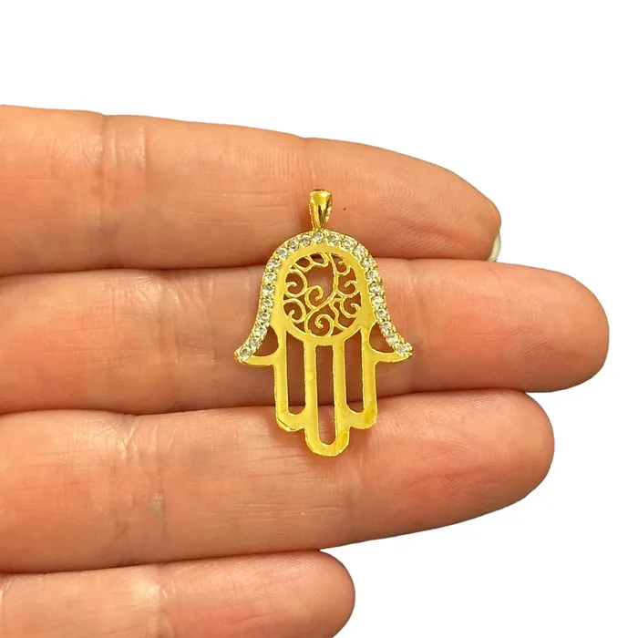 Peppy Beads Charm Necklaces 24Kt Gold Plated CZ Micro Pave Hamsa Charm