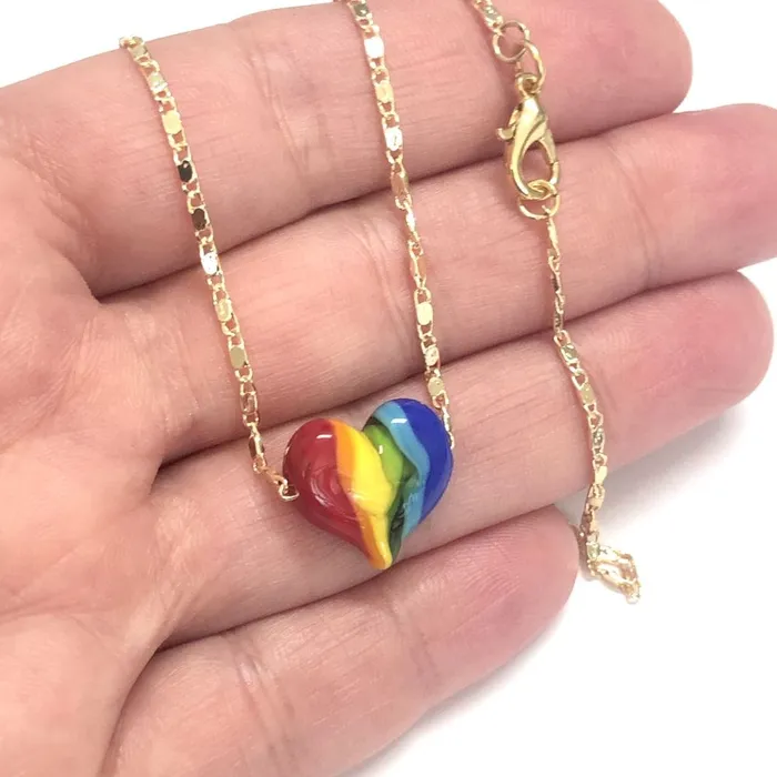 Peppy Beads Charm Necklaces Hand Made Murano Glass Rainbow Heart Charm