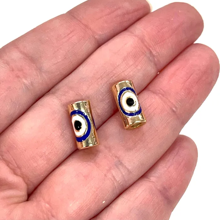 Peppy Beads Earrings 24Kt Gold Plated 12x6mm Evil Eye Navy Enamelled Tube Spacers 2 pcs in a pack Peppy Beads Earrings 24Kt Gold Plated 12x6mm Evil Eye Navy Enamelled Tube Spacers 2 pcs in a pack