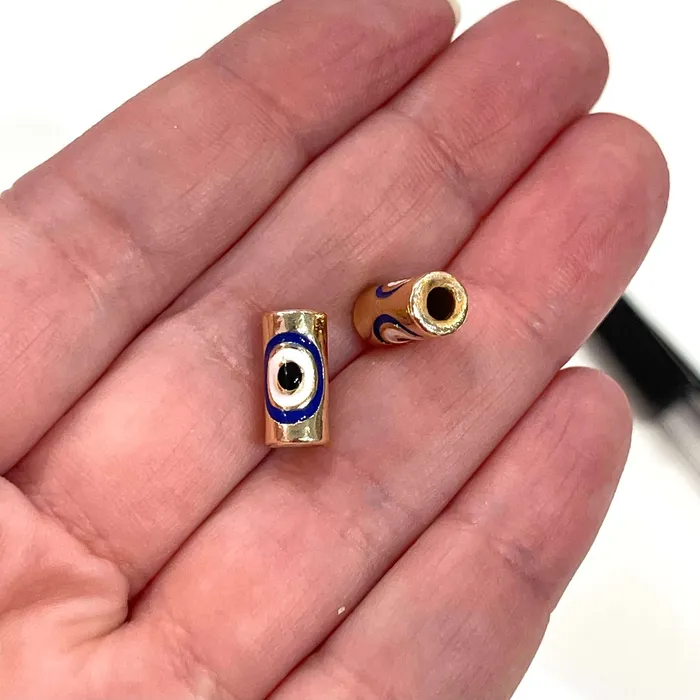 Peppy Beads Earrings 24Kt Gold Plated 12x6mm Evil Eye Navy Enamelled Tube Spacers 2 pcs in a pack Peppy Beads Earrings 24Kt Gold Plated 12x6mm Evil Eye Navy Enamelled Tube Spacers 2 pcs in a pack