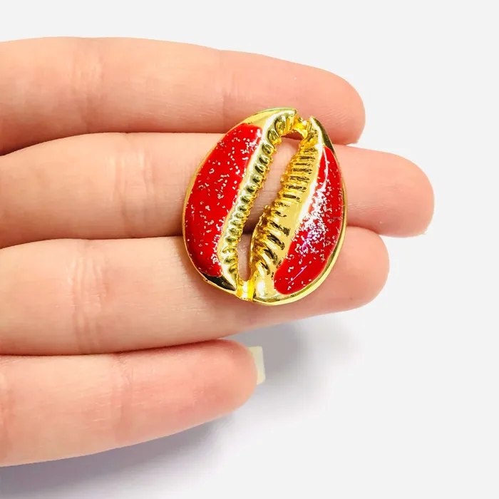 Peppy Beads Earrings 24Kt Gold Plated Brass Glitter Red Enamelled Cowrie Charm 30x24mm Peppy Beads Earrings 24Kt Gold Plated Brass Glitter Red Enamelled Cowrie Charm 30x24mm